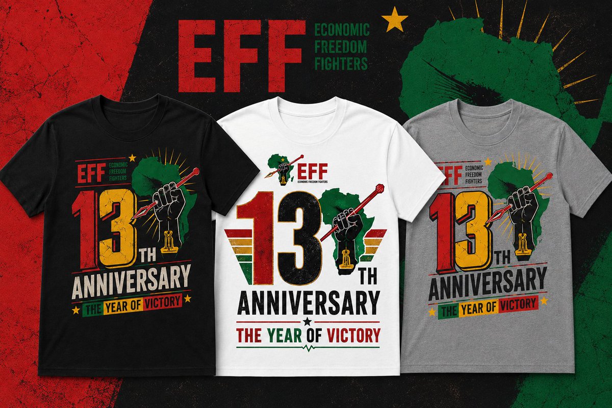 malikcameronpet's tweet photo. 🔥 EFF TURNS 13!
13th Anniversary T-shirts in Black, White &amp; Grey. R229.99 + R49 courier delivery. 🛍️ 
Bold. Revolutionary. Wear the movement.  
Order: WhatsApp 0636517561 or https://t.co/7o3deMX6rG

(OR DM 📥)

#EFFTurns13 #EconomicFreedom #WearTheRevolution 
While stocks last* https://t.co/TnXvIwIIRI