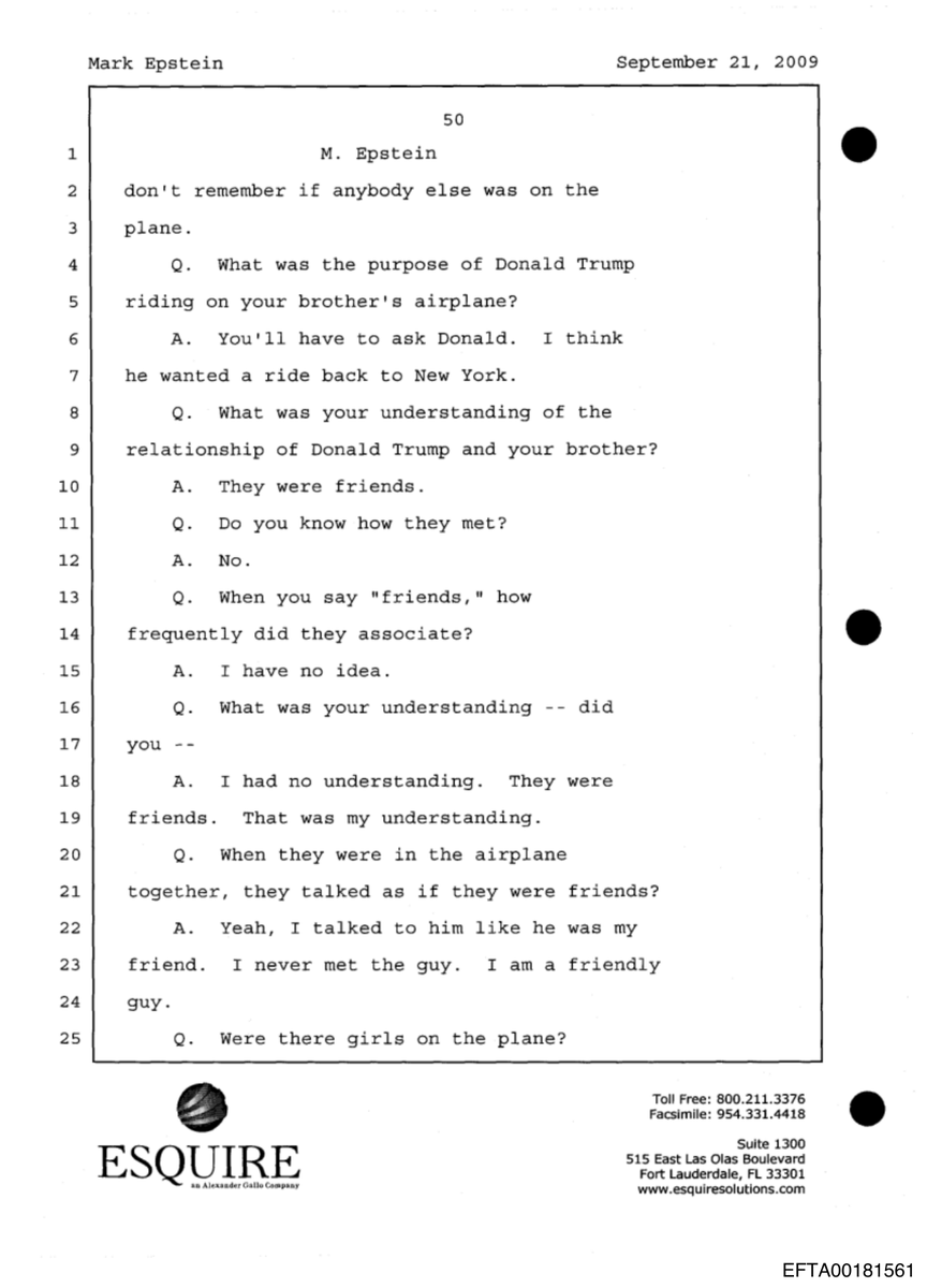 epsteinsearchin's tweet photo. Jeffrey Epstein's own brother testified under oath that Donald Trump rode on Epstein's private plane. Asked about the two men, Mark Epstein answered in three words: They were friends. Trump runs the Justice Department that decides which Epstein files you see. https://t.co/2weik4vMMr