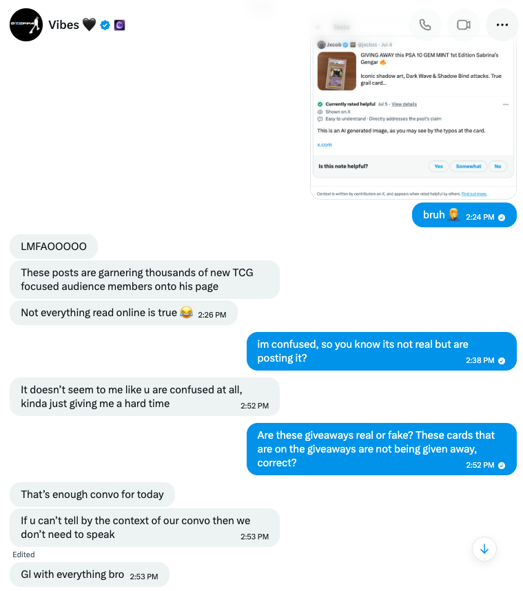 dachshundwizard's tweet photo. 🚨 Pokemon & Collectibles Safety Alert 🚨

Be cautious of the following accounts:
@ Vibatron, @ jxcbzs 
@ Surge100x, @ Motiondyor 
@ shydyor, @ ApolloDyor

These accounts are running fake giveaways. One giveaway post was even hit with a Community Note stating the image appears to be AI-generated. These fake giveaways have been confirmed with the main actor himself in DMs. Screenshots provided.

As this hobby continues to grow, so do the bad actors. Stay alert, verify before you trust, and help protect the community.