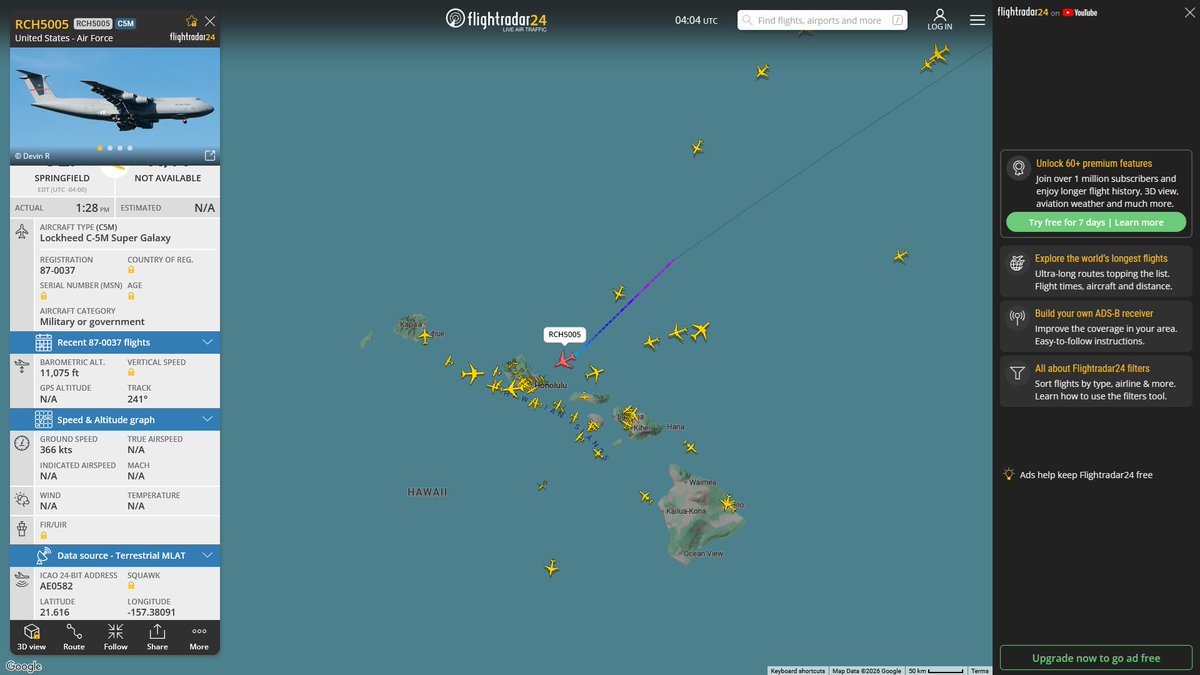 AIYeyENGDdJkjTr's tweet photo. July 9, 2026
#Springfield Westover Air Reserve Base, Massachusetts ==> #Joint Base Pearl Harbor-Hickam, Honolulu
#RCH5005 #AE0582 USAF C-5M Super Galaxy https://t.co/WdTNfQW1um