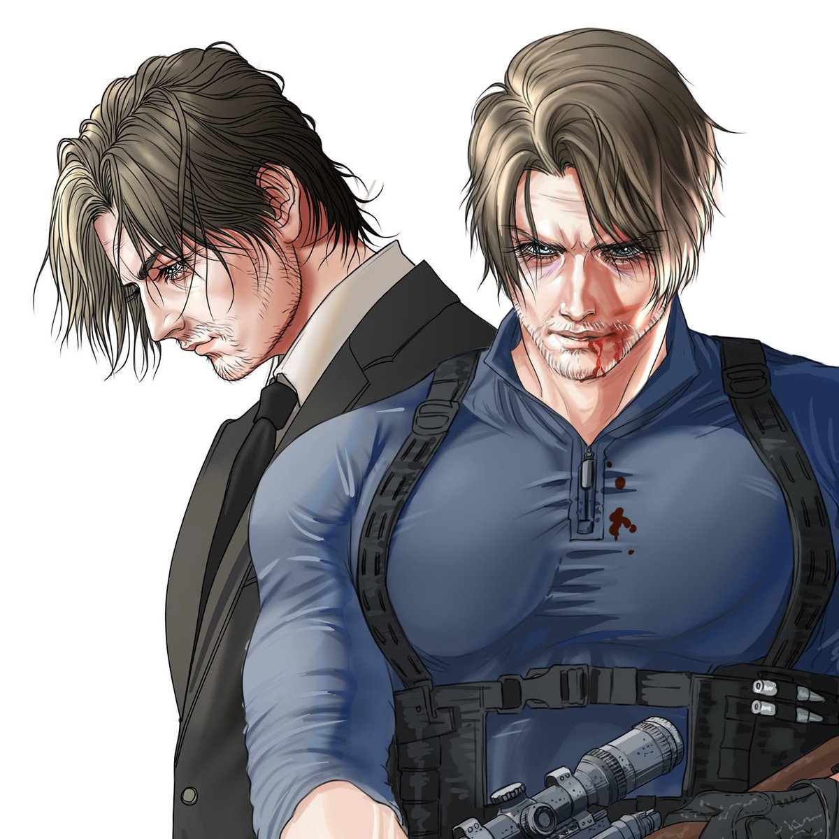 MaimTodd's tweet photo. Hi, back on here and currently obsessed with Resident Evil🩸 Drawing a lot of Leon these days, where are my Leon fans at? 😭
#ResidentEvilㅤ #re9
#leonkennedy #residentevilrequiem
#バイオハザード #レオン 
Here’s how I see the two sides of him. https://t.co/MgLtvpvC1Z