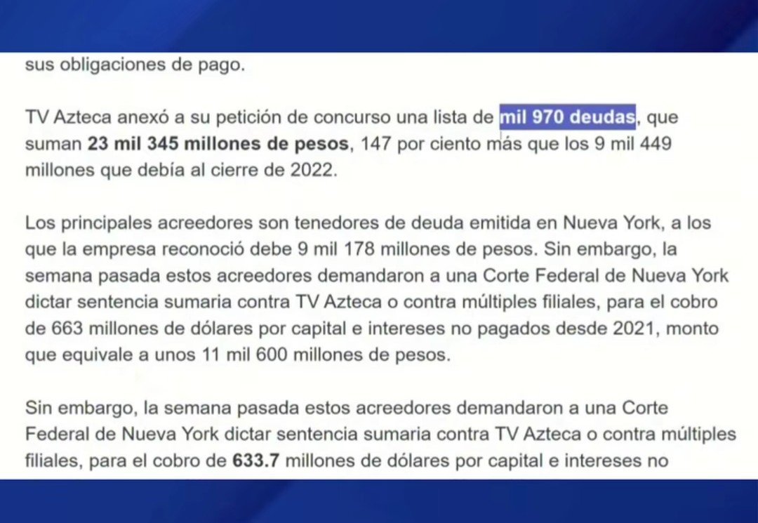 FreddyOliviery's tweet photo. TV @Azteca tiene 1,970 deudas que suman $23,345 millones de pesos. 

Quebró a su empresa, imaginen lo que hará con México 😰 https://t.co/tNZwiDtZQg