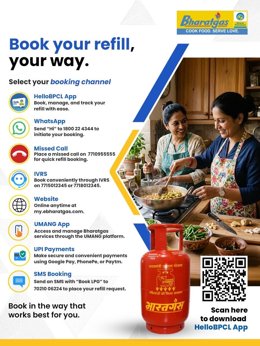 bpcl_lpg3308's tweet photo. Bharatgas makes refill booking easy and convenient—via HelloBPCL App, WhatsApp, IVRS, UMANG, SMS, website, and UPI payments. Because convenience should always be within your reach.

@BPCLimited @BPCLLPG @PetroleumMin @HardeepSPuri @Secretary_MoPNG
#Bharatgas https://t.co/5kFmqvRUK8
