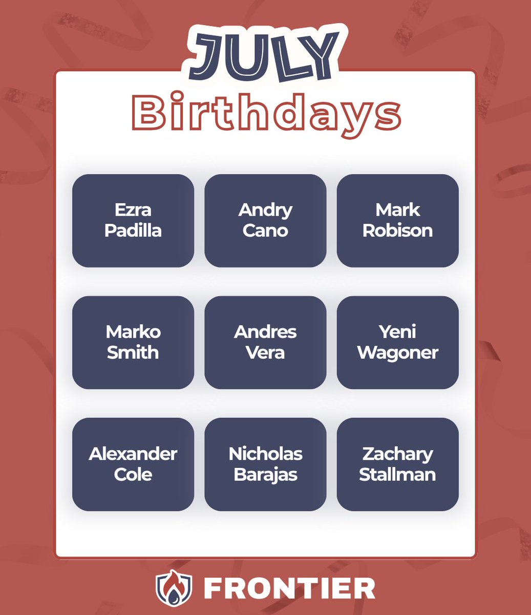 FrontierSGP's tweet photo. Forecast for July:
☀️ Plenty of sunshine.
🎂 9 birthdays.
🎉 A whole lot to celebrate.

Thank you for keeping Frontier moving through every call, challenge, and project. Your hard work, teamwork, and willingness to jump in wherever needed make a difference every single day. 🎂💙 https://t.co/aT5qITf9Xk