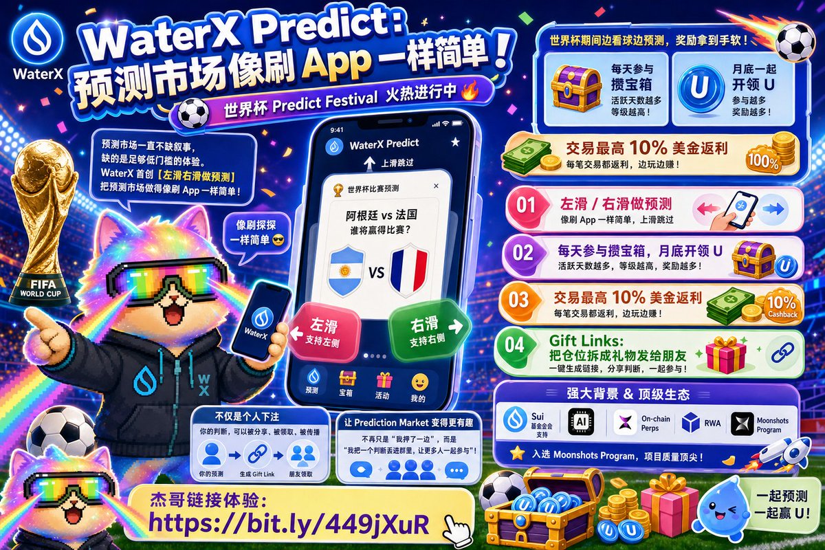 0xJason's tweet photo. 最近世界杯开始了 预测市场可以说热度超级高了

杰哥认为Prediction Market 这些年一直不缺叙事，缺的是足够低门槛的产品体验。waterx这次就打破了用户体验的壁垒首次创新引入了【左滑右滑做预测】

—— 把预测市场做的就像画探探一样简单？！

而且正好赶上他们的 Predict Festival，横跨整个世界杯：每天玩一笔预测就攒寶箱，活跃天数越���等级越高，月底一起开领 U；

每笔交易还能额外拿最高为交易量的 10% 的美金返利。世界杯期间边看球边滑几下，顺手就把寶箱攒了。

✅️欢迎走杰哥链接体验起来：https://t.co/ddR42vikdE
很多产品教育了用户“预测可以交易”，但真正把大多数普通人挡在门外的，往往不是认知，而是上来就要看盘口、赔率、仓位和复杂按钮。

WaterX Predict 这次最有意思的地方，是它没有先把用户推进传统交易界面

而是把第一步改成 swipe to predict：
✅️像刷APP一样，左滑右滑做判断，上滑跳过。
更关键的是，WaterX 没把“预测”停留在个人下注这一步。

✅️他还做了一个机制叫 Gift Links：用户可以把一个 prediction position 包装成链接，拆成多个 gift positions 发给朋友；对方登录后就能领取。

换句话说，一个仓位不再只是你自己的判断，而是可以被分享、被领取、被社群传播的内容。Prediction Market 也因此不再只是“我押了一边”，而更像“我把一个判断丢进群里，让更多人一起参与”。这才是它真正有破圈潜力的地方。

Polymarket 教育了市场，但 WaterX 做到了降低门槛；前者让大家知道 Prediction Market 可以成立，Waterx把它做成一个更像社交产品、娱乐产品、分享产品的入口。

左滑右滑是这个创新简单明了，Gift Links 是也是魔鬼营销？你是不是想知道我买了啥？我直接送你点仓位你就说你跟不跟把？

你以为waterx就这？ 他们背景十分强大 WaterX 获得 Sui 基金会支持，而且产品还包含 AI trading、on-chain perps、RWA 这些产品方向！入选了Moonshots Program！ 能入选的项目质量都是一个比一个高！