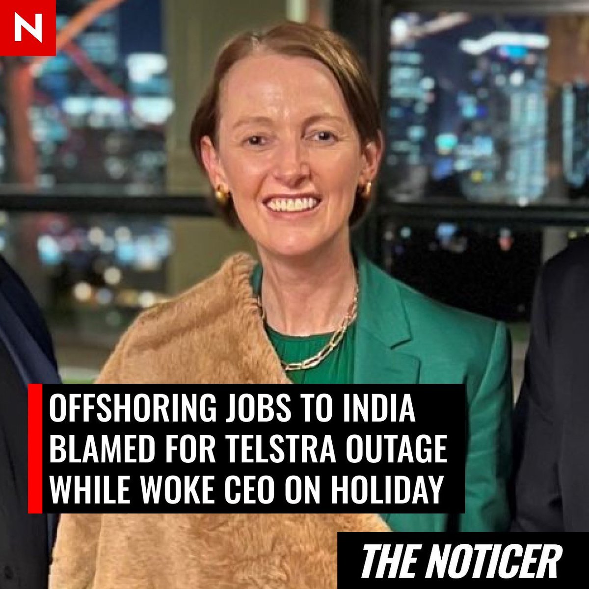 NoticerNews's tweet photo. A massive Telstra outage that impacted millions of Australians while the company's woke CEO was on holiday has been blamed on the offshoring of jobs to India.

Vicki Brady, who earns almost $7m a year, regularly posts about DEI and refuses to celebrate Australia Day. https://t.co/dlyGlprZGU