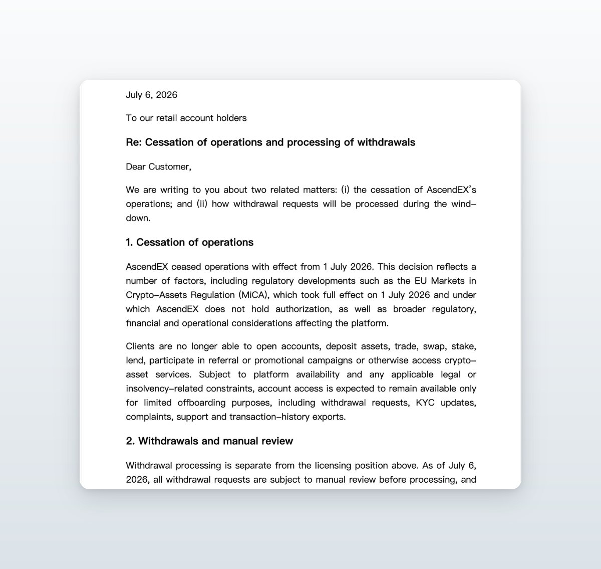 TheBlockCo's tweet photo. THE BLOCK: Crypto exchange AscendEX announced that it ceased operations on July 1, citing regulatory and financial challenges.

The platform said it cannot give assurances about the timing or amounts of user withdrawals it can process. https://t.co/YLX1oUFRGU