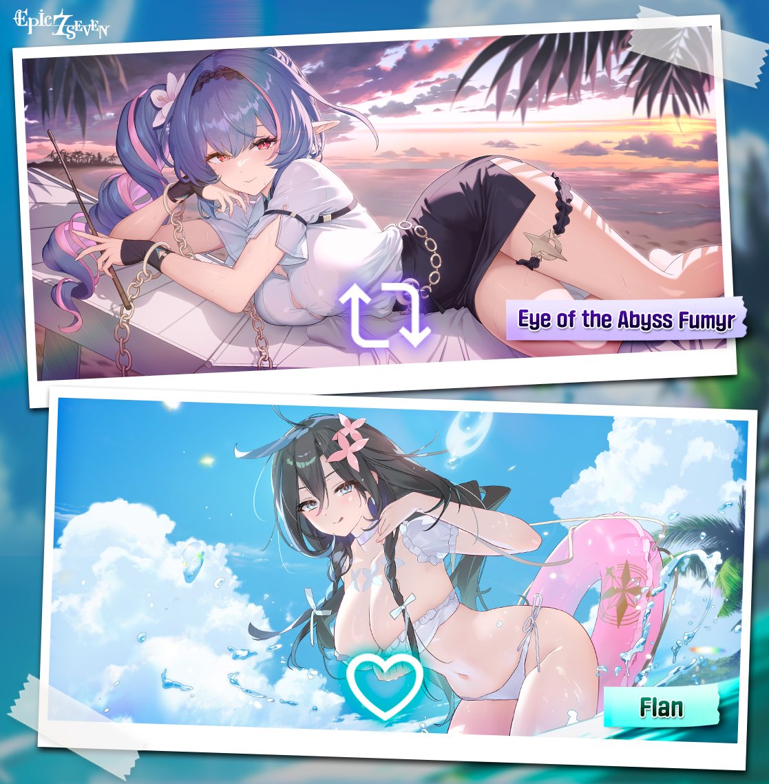Epic7_Global's tweet photo. 🌊Secret Summer! #3🌊 

Which Hero would you like to spend the summer with at the beach?

Vote for the Hero you’d like to share a special summer with!

／
Relax on a sunbed with Eye of the Abyss Fumyr → Repost (RT)
Play in the water with Flan → ♥️
＼

We look forward to your participation!

#EpicSeven