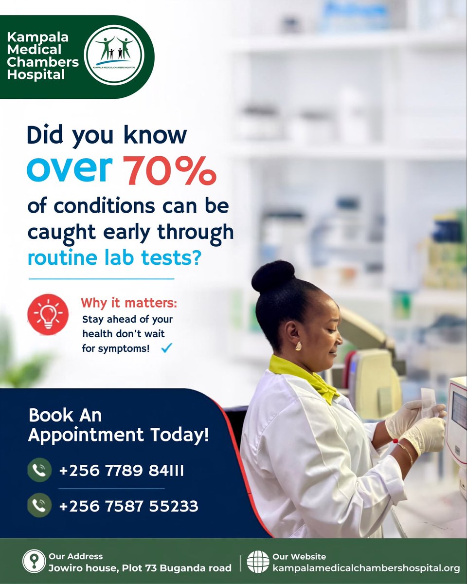 KampalaMCH's tweet photo. Did you know over 70% of health conditions can be detected early through routine lab tests? Don’t wait for symptoms. Book your test at KMCH today.
#KMCH #LabTests #EarlyDetection #HealthyLivingUG #YourHealthMatters https://t.co/mbfnGeNbWj