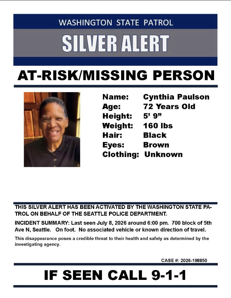 SeattlePD's tweet photo. MISSING Silver Alert: Cynthia 72y/o, BF, 5’9”, 160lbs, black hair &amp; brown eyes. Clothing unknown. Last seen 6-8-26 at 6:00pm in the 700 block of 5th Ave on foot. Has medical issues. If seen please call 911. 2026-198950 https://t.co/ucJ26O8OmP