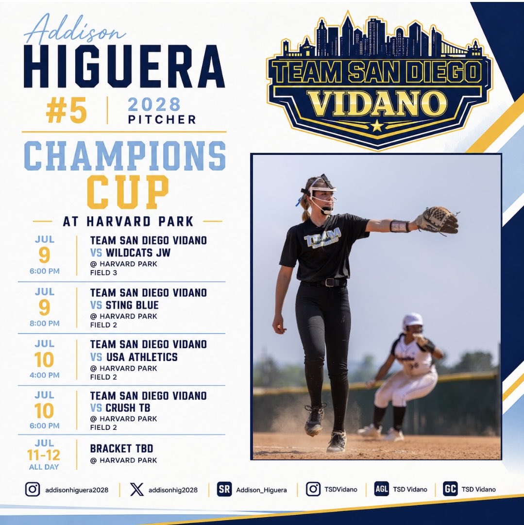 addisonhig2028's tweet photo. Up next - Champions Cup @ Harvard Park in Irvine, California

#ChampionsCup #Fastpitch #Softball #TeamSanDiego #TeamSanDiegoVidano #Pitcher #ClassOf2028 #RecruitTheWest #CollegeSoftball #SoftballRecruiting https://t.co/rkqTlULFaq