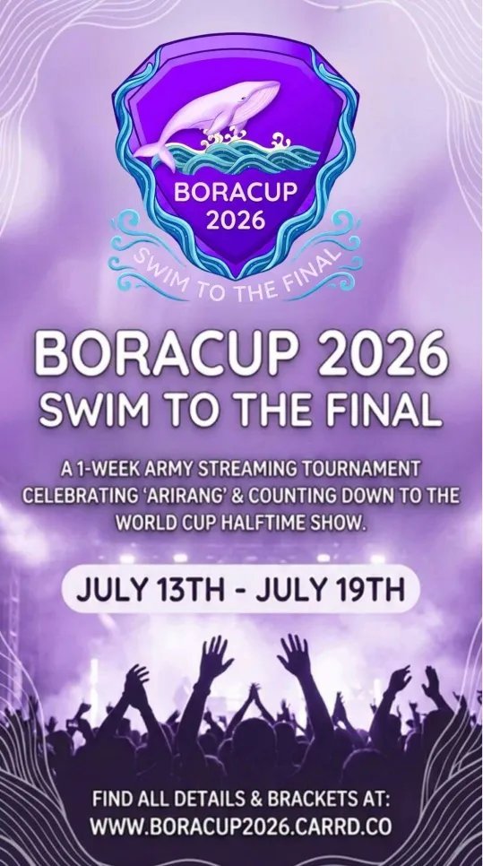 CrzdNem's tweet photo. BORACUP 2026 🥳

Join us as we celebrate ARIRANG era! BORACUP turns your streams into a tournament experience. No matter which team you join, be prepared to SWIM TO THE FINAL.🏊‍♂️

July 13 - July 19

#BORACUP2026 #SWIMToTheFINAL https://t.co/69smJmIUkU