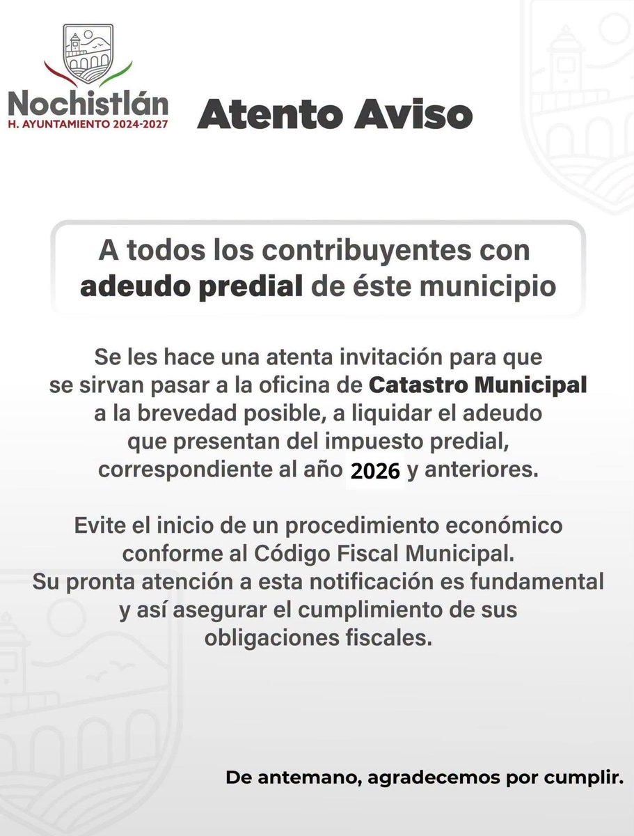 NochistlanCS's tweet photo. No dejes que tu adeudo Predial siga creciendo 
#CatastroDeNochistlan 
#ConHonradezyTrabajoProgresamos 
Ver mas-> https://t.co/NY7HYivgXK https://t.co/0Er8IUCbLH