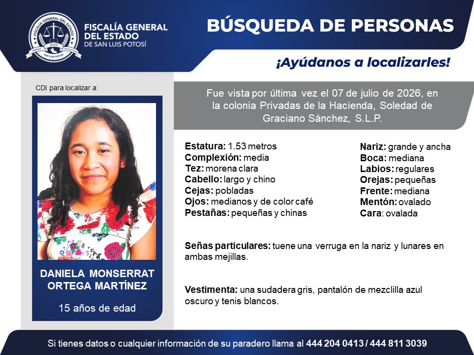 FiscaliaSLP's tweet photo. #BúsquedaDePersonasSLP | Solicitamos de tu colaboración para localizar a Daniela Monserrat Ortega Martínez, quien fue vista por última vez en Privadas de la Hacienda, S.G.S., S.L.P.
Con profesionalismo, probidad y justicia, la Fiscalía trabaja al servicio de las y los potosinos. https://t.co/4fdF94P0tz