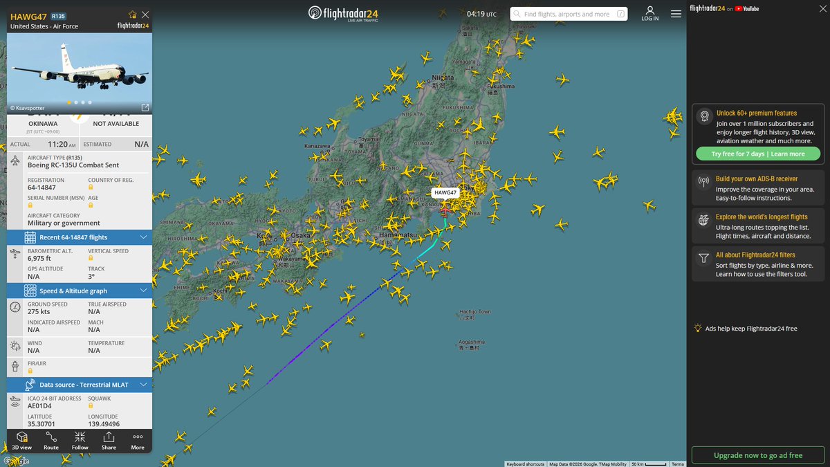 AIYeyENGDdJkjTr's tweet photo. July 9, 2026
#Okinawa Kadena Air Base ==> #Tokyo Yokota Air Base
#HAWG47 #AE01D4 RC-135U Combat Sent https://t.co/gECD7TSkyU