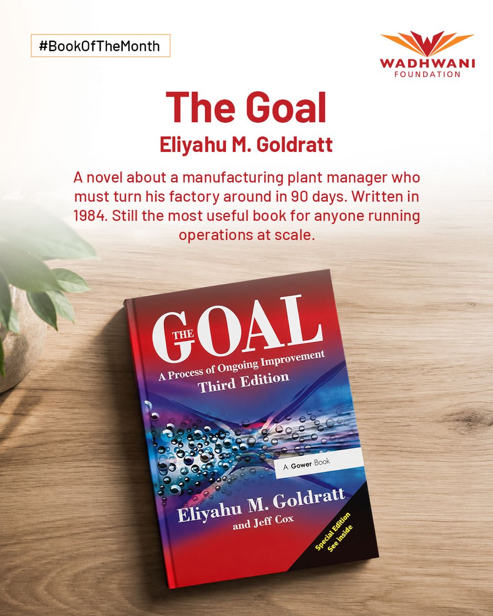wadhwanif's tweet photo. Most strategy books are written by consultants for consultants. The Goal is different. Eliyahu Goldratt wrote it as a novel — about a real plant, real workers, real bottlenecks.

The ideas inside became the Theory of Constraints, which is now the foundation of operational thinking in manufacturing, software development, and supply chain management worldwide.

The central question of the book is one that every founder, plant manager, and operations leader eventually faces: what is actually slowing your business down? Not what feels urgent. Not what's loudest. The actual bottleneck.

A worthwhile read in a month where many businesses are reviewing the previous quarter's performance.

#BookOfTheMonth #WadhwaniFoundation #Operations #Leadership #ReadingList