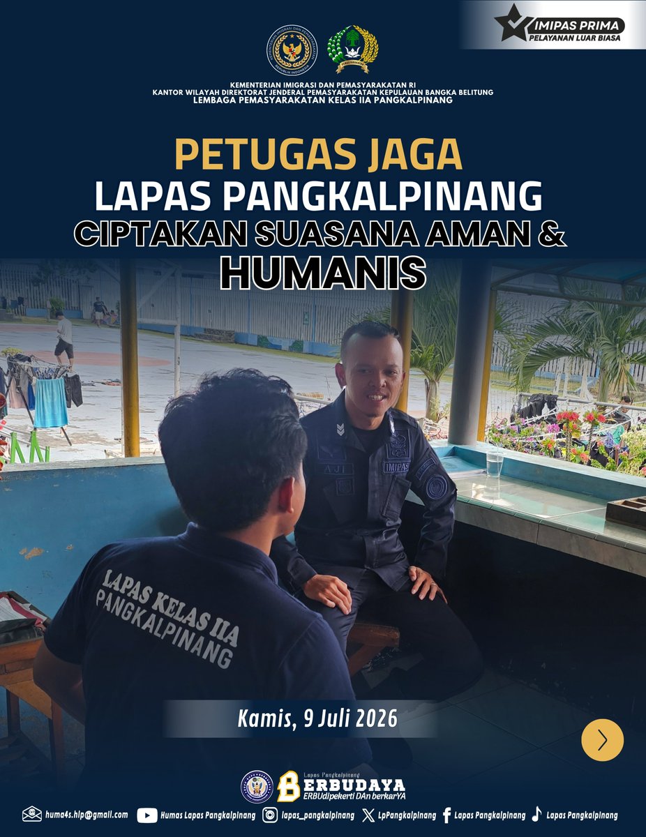 LpPangkalpinang's tweet photo. Petugas Jaga Lapas Pangkalpinang Ciptakan Suasana Aman dan Humanis
#Kemenimipas
 @kemenimipas
 @DITJEN_PAS
 #ditjenpas
 #pemasyarakatanbabel
 #LapasPangkalpinangBerbudaya
 #SugengIndrawan https://t.co/TVgWgqoW4J