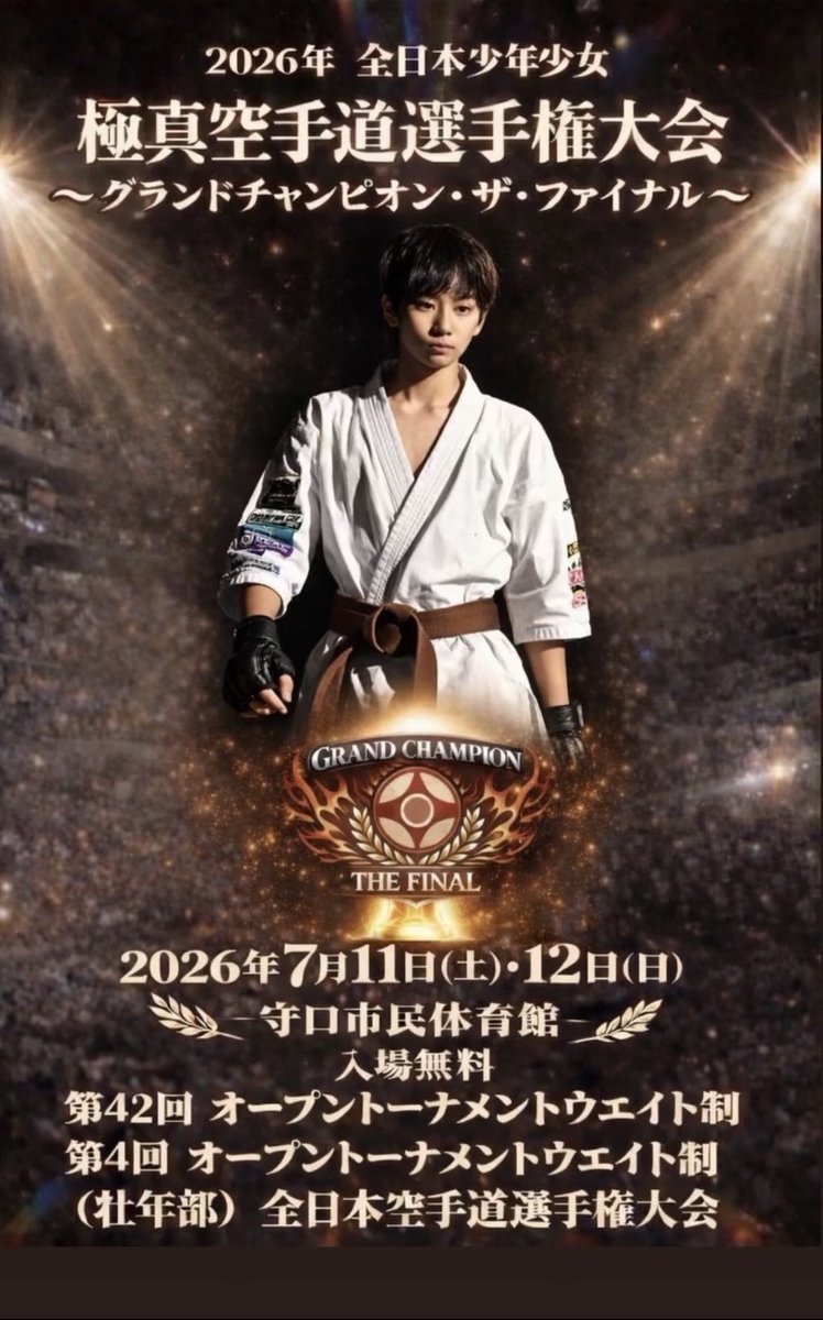 info_kansai's tweet photo. 🥋【今週末です】👊

「2026 全日本少年少女極真空手道選手権大会
グランドチャンピオン・ザ・ファイナル」🏆まで

🔥あと2日🔥

7月11日（土）・12日（日）に
📍守口市民体育館
にて行われます。

関西クリーンサービスは
子どもたちの挑戦を応援しています✨ https://t.co/bUka6tQK6r