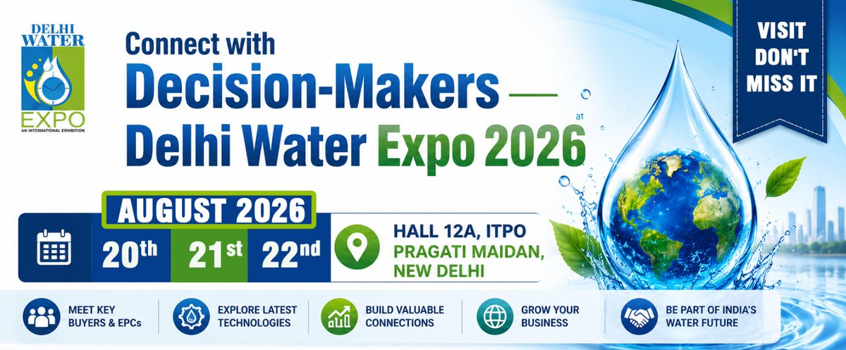 WaterToday101's tweet photo. DELHI WATER EXPO 2026–5th Edition

Water Meets Business in Water &amp; Wastewater.

20th,21th &amp; 22nd August 2026 | Hall 12A, ITPO, Pragati Maidan, New Delhi

Web: https://t.co/jNkGQxHkWi | 91 7339379268  | Email: info@watertoday.org 

#DelhiWaterExpo2026 #WaterExpo #WaterTreatment https://t.co/oyaO4rxxQ6