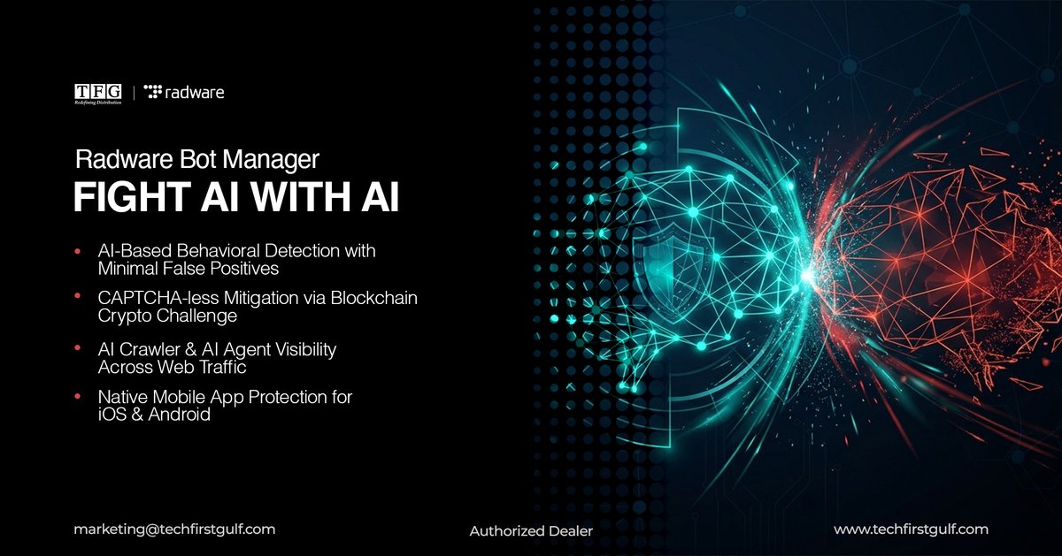 tech_fz's tweet photo. @radware Bot Manager fights AI with AI β behavioral detection, CAPTCHA-less mitigation, and mobile app protection stop malicious bots without slowing down real users.
π© marketing@techfirstgulf.com
#Radware #BotManager #CyberSecurity #TechFirstGulf https://t.co/0k4koooYtc