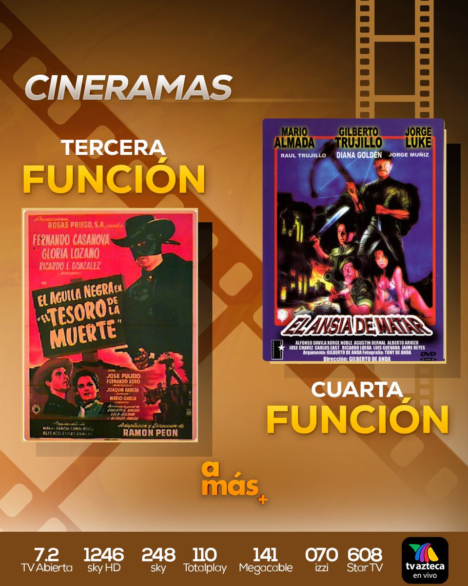 amastv's tweet photo. 🗣️ ¡El mejor cine está aquí! Este jueves no te pierdas los #Cineramas que tenemos planeados para ti. Disfruta de una gran selección de películas y sintonízanos por la señal de #Amás. 🎬🍿

Solo por #Amás 
10:00 am Negra Consentida 
5:00 pm El Rengado Blanco 
6:30 pm El Águila Negra: El Tesoro de la Muerte
8:00 pm El Ansia de Matar