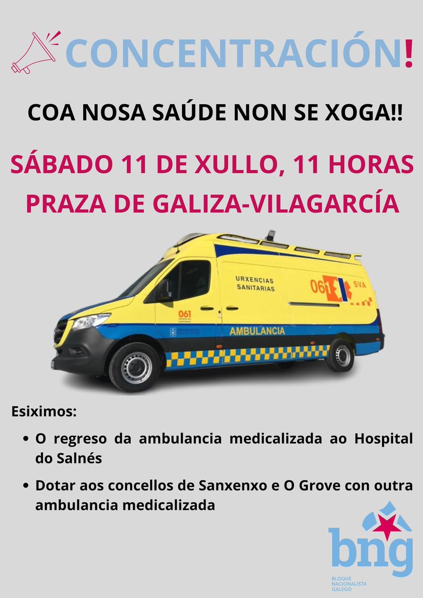 iagolourenzo8's tweet photo. Concentración este sábado na Praza de Galiza de Vilagarcía de Arousa, ás 11h.
Quitar a ambulancia medicalizada da súa base no hospital do Salnés, mata!
Exiximos:
•O regreso da SVA ao hospital do Salnés.
•Dotar Sanxenxo e Ogrobe con outra.
#CoaNosaSaúdeNonSeXoga
#BNG https://t.co/zV70krpquX