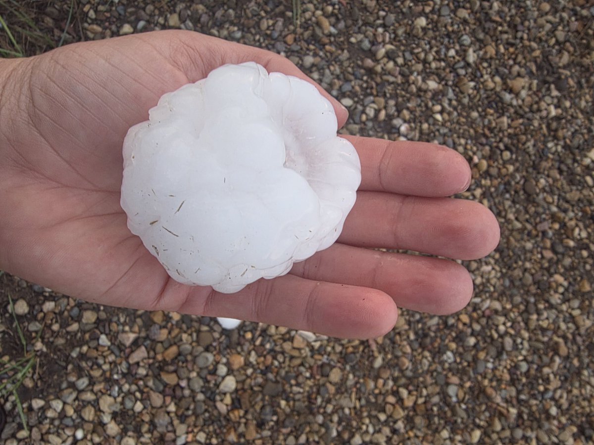 Stephanydawn15's tweet photo. Tonight I tried out a little bit of amateur storm chasing on my way home. I drove to the outer edge of the storm, waited for hail, then backed off until it passed. This was taken NE of Strathmore at Rge Rd 243 and Twp Rd 244. Kinda wish I had measuring tape. #abstorm https://t.co/fEqoY7g9yu