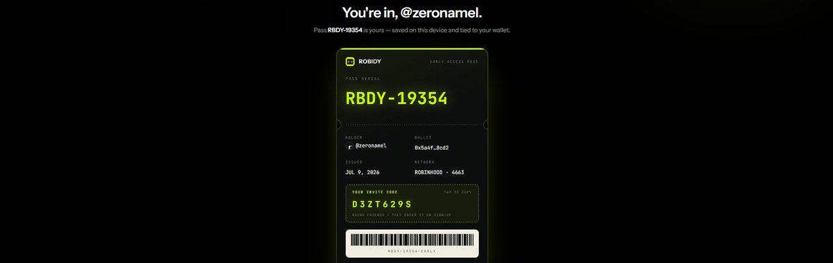 zeronamel's tweet photo. Claimed my Robidy Early Access Pass — RBDY-19354. The curated NFT launchpad on Robinhood Chain. @robidyapp https://t.co/nvcsx291nw https://t.co/SYsL92zLt9