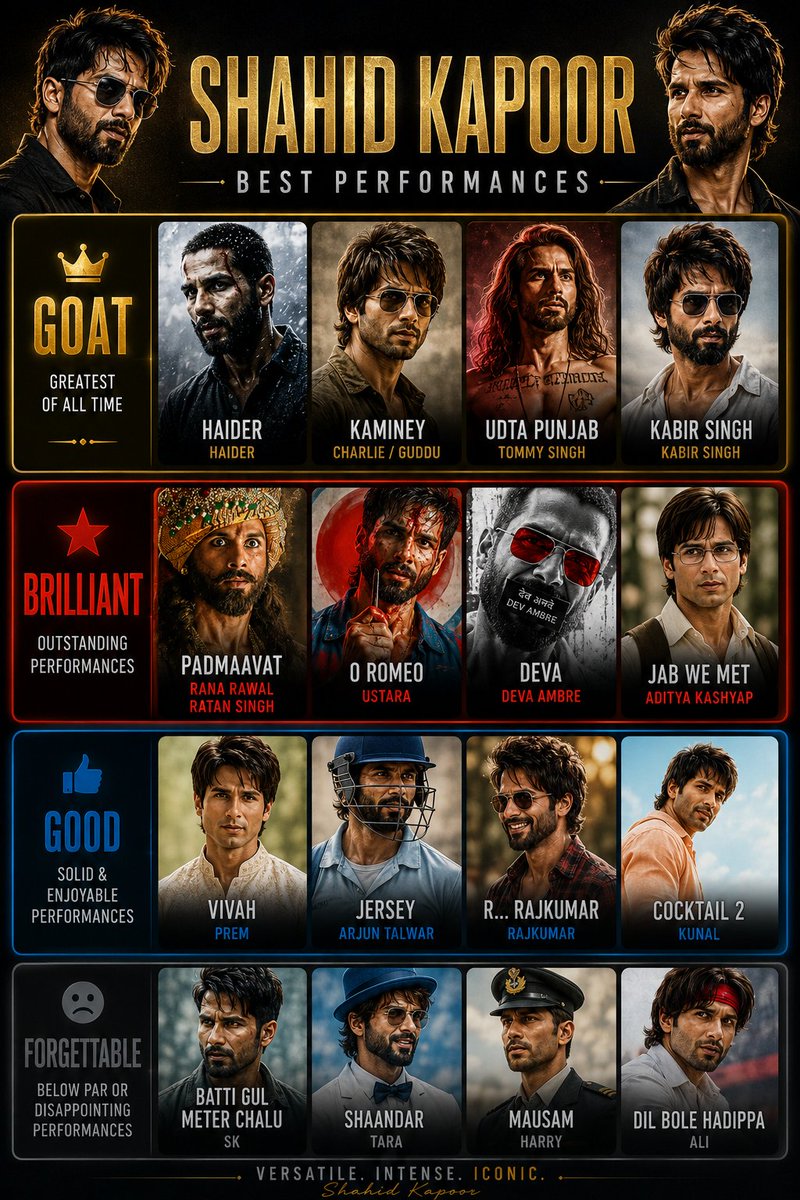 KomolSharma3's tweet photo. #ShahidKapoor 's finest performances ranked. Agree or disagree? 👑🎬

Which Shahid Kapoor performance is your GOAT? 🐐

#Cocktail2 https://t.co/gP6NJSmTAH