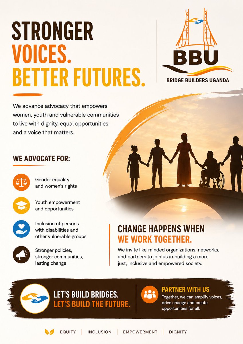 bridgebuilders9's tweet photo. At Bridge Builders Uganda, we believe every woman, every young person, and every vulnerable community deserves a voice, equal opportunities, and the chance to thrive.

We welcome organizations, partners, and changemakers who share this vision. https://t.co/IZSkIU85hW