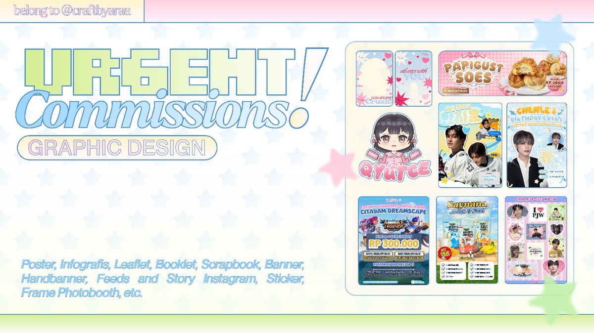 craftbyaraa's tweet photo. [ ♡ + ↻ are very appreciated !! ]

⚠️ URGENT COMMISSION ⚠️

Halo temen timun! Aku lagi buka design commission karna sedang BU untuk bayar UKT dan Kost sampai akhir bulan.

★ 𝓢 pecial 𝓞 ffers
untuk pemesanan 𝟱𝟬𝗞 keatas akan mendapatkan potongan sebesar 𝟭𝟬𝗞

🔖 #bealanja https://t.co/06nPiYanMC