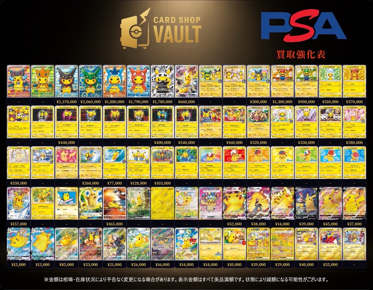 cardshop_vault's tweet photo. ⚡️PSA10 買取表①⚡️

✅買取受付時間 12:00〜18:00

✅買取表に金額や画像のないカードも
     買取可能🙆‍♂️（個別の金額の問い合わせには対応できませんのでご了承ください）

🏬 神戸市中央区三宮町２丁目１���−１
　センタープラザ西館 ３階

※カードの傷、ケースの傷で減額となるものもございます。
※集まり次第予告なく金額変更または終了する場合がございます。

ご来店お待ちしております😊

 #三宮 #三ノ宮 #神戸 #買取 #ポケモン #ポケモンカード #ポケカ #ピカチュウ #ワンピース #ONEPIECE 
#ワンピースカードゲーム #PSA10 #オリパ #BOX #未開封BOX #特価 #カードショップVAULT