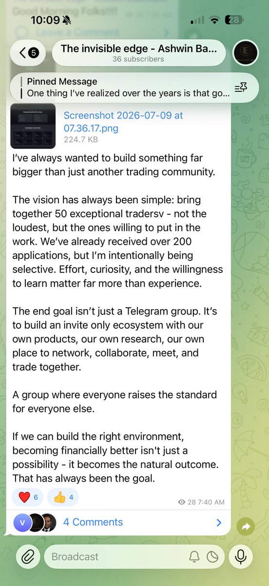 AshwinBadri2's tweet photo. Most people build a product and then try to find users. I’m doing the opposite.

First, build a room of 50 exceptional traders.

Then build the product around their problems.

200+ applications.
35 accepted.
15 seats left.

Once we’re full, the doors close.

What can you expect when selected? Expect an environment where ideas are challenged, research is shared openly, the dashboard evolves from member feedback, and everyone contributes to raising the standard for everyone else.

Below Is the link to the application 
https://t.co/t8Yc74mEeY