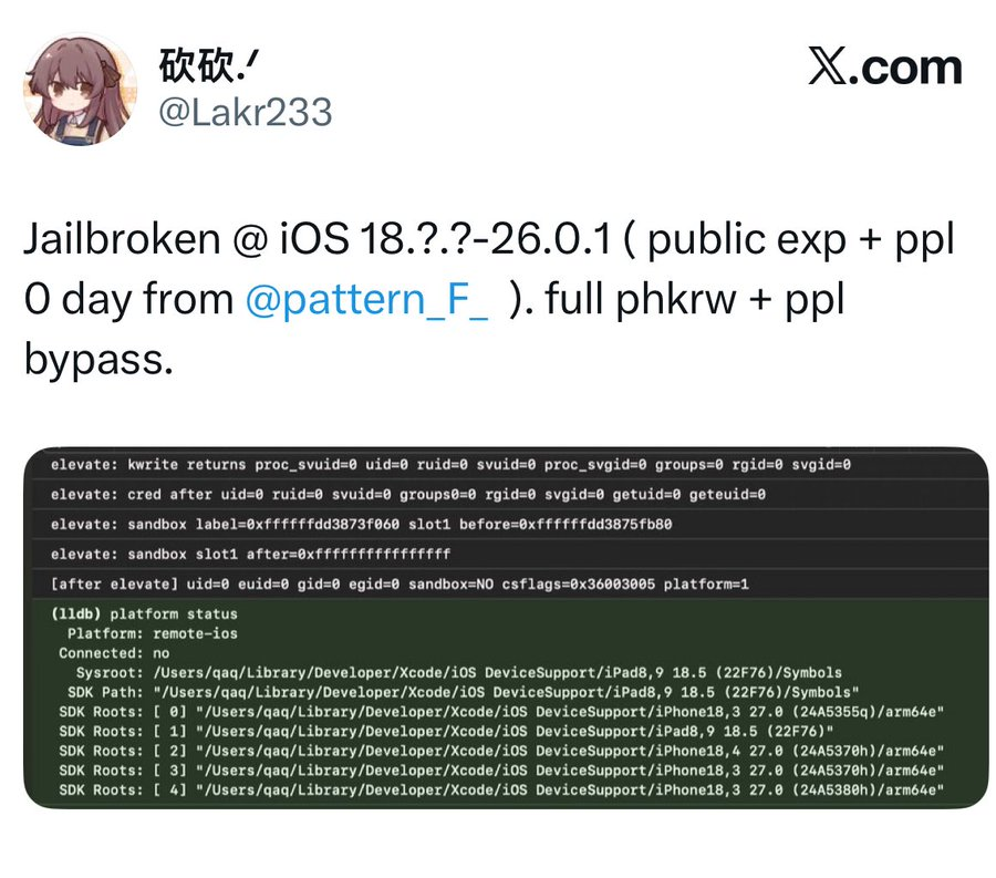 senumy_ipa's tweet photo. 🚀 New jailbreak research!

A developer has demonstrated a protection bypass affecting iOS 18.x–26.0.1, marking an important step for future jailbreak development.

⚠️ This is not a public #jailbreak yet. More development is still needed.

By @Lakr233 https://t.co/qSLNOHZTAz