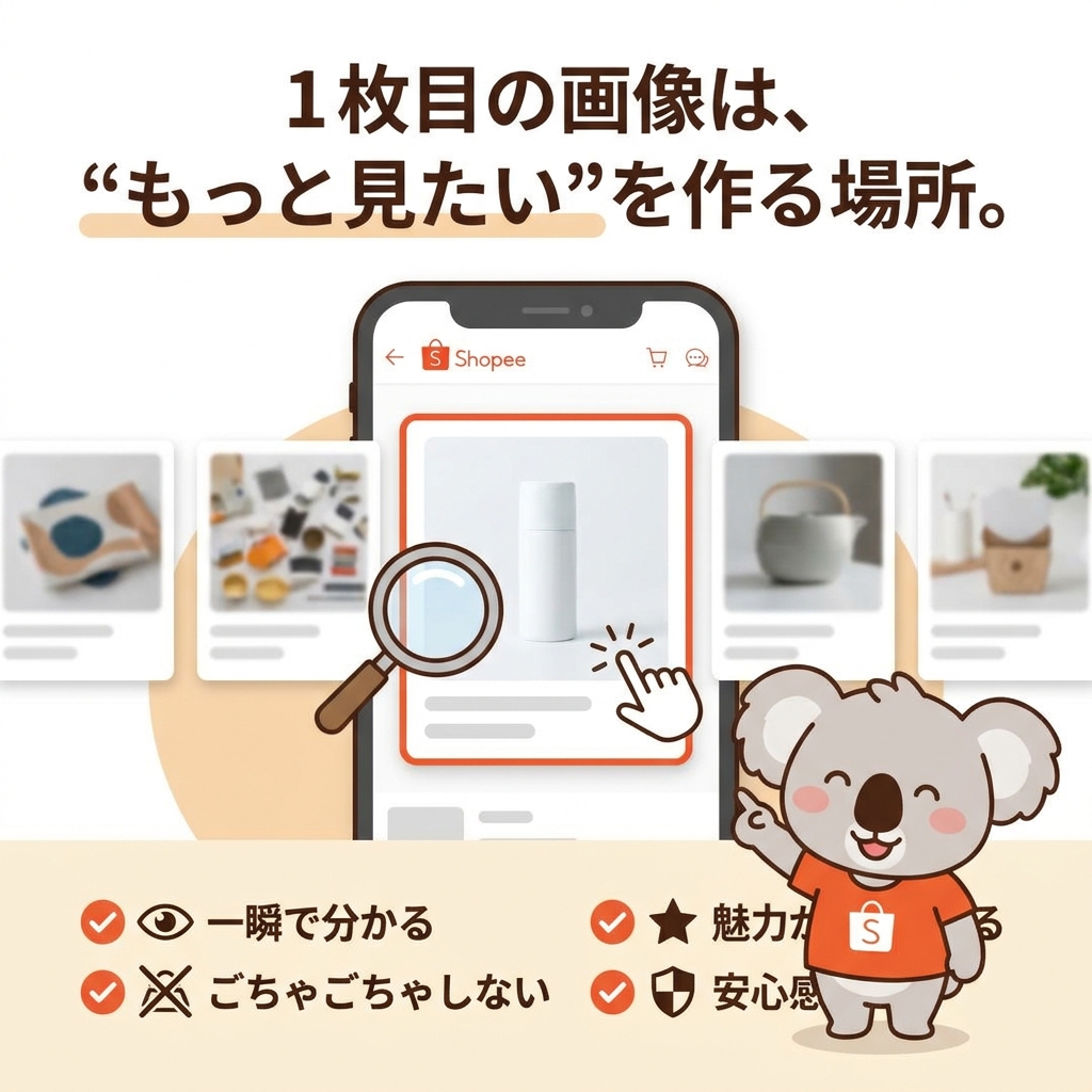 ZerooneJapan100's tweet photo. おつコアラ🐨

Shopeeで商品を見てもらえるかどうか。

その入口になるのが、
1枚目の画像です。
普通は、
「商品が写っていれば大丈夫」
と思いがちです。

でも僕は、
1枚目の画像は、
“もっと見たい”を作る場所やと思っています。
見るポイントは、
・何の商品か一瞬で分かるか
・背景がごちゃごちゃしていないか
・商品の魅力が伝わるか
・安心感があるか
・競合の中で埋もれていないか

どれだけ良い商品でも、
最初の画像で止まってもらえないと、
説明文まで読まれにくいです。
1枚目の画像は、
お客様との最初の接点。
今日、自分の商品画像を1つ見るなら、
どこを直したいですか？
