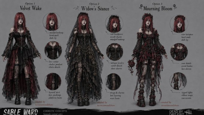Scream6604's tweet photo. These are my 3 Sable Ward cosmetic concepts DBD cosmetic contest 🖤🌹🎀 

I only want to move forward with one, so help me pick! Which version fits Sable best: 1, 2, or 3? 

You can vote in the poll in the comments, and I promise I made it myself.

#DBD #DeadbyDaylight #SableWard https://t.co/d5apk8uouk