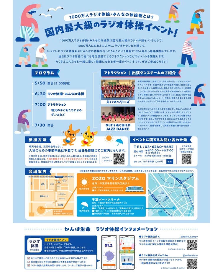 chiba_900th's tweet photo. あの国内最大のラジオ体操イベント
『第６５回１０００万人ラジオ体操・みんなの体操祭』が３０年ぶりに千葉市で開催🎊

嬉しい参加特典🎁や楽しいアトラクションも😍

📅8月2日(日)5:50～7:30※開場は5:00
📍ＺＯＺＯマリンスタジアム
　☔荒天時は千葉ポートアリーナ

#ラジオ体操 #千葉開府９００年 https://t.co/EO47YGOckP