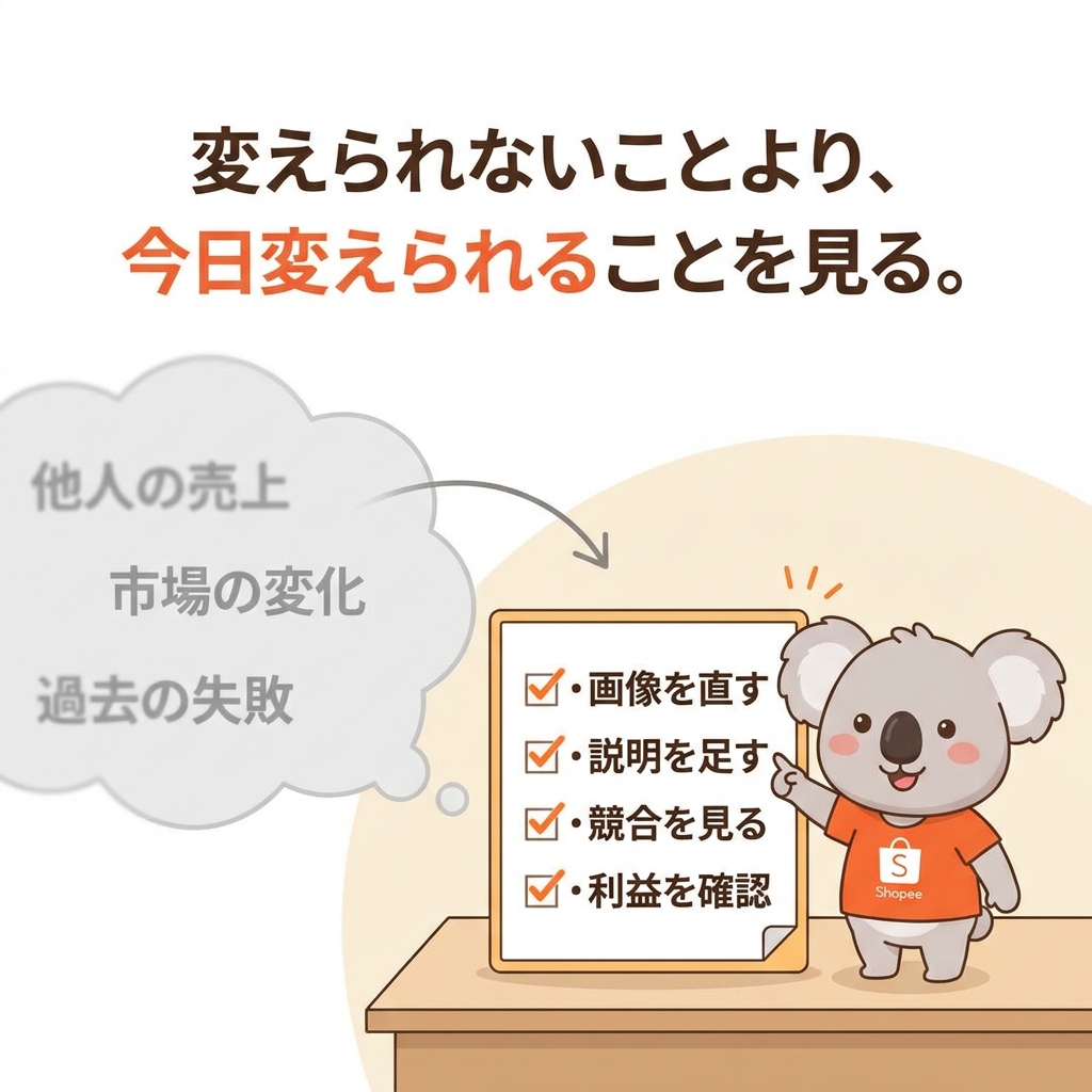 ZerooneJapan100's tweet photo. おはコアラ🐨

思うように結果が出ない時、
落ち込むことがあります。
これ、Shopeeでも同じです。

出品したのに売れない。
見られている感じがしない。
どこを直せばいいか分からない。

普通は、
「自分には向いてないのかな」
と考えてしまいます。
でも僕は、
変えられないことより、
今日変えられることを見る方が大事やと思っています。
たとえば、

・画像を1枚見直す
・タイトルを少し整える
・説明文に不安解消を足す
・競合ページを1つ見る
・利益計算を確認する
結果はすぐに動かせないかもしれません。
でも、
今日の改善は自分で選べます。

小さな改善を積み重ねることが、
次の結果につながります。
今日、自分で変えられることは何ですか？