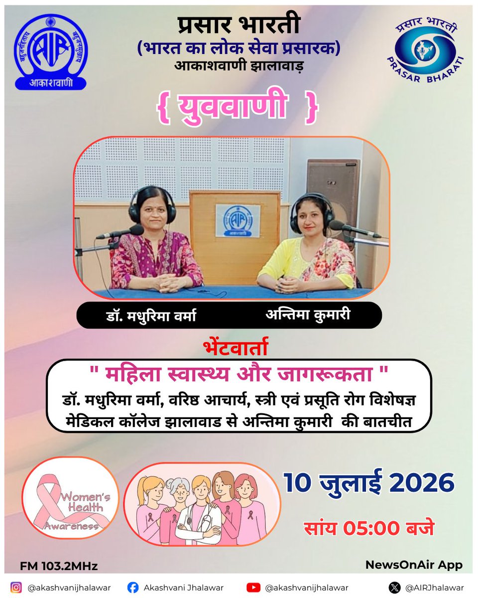 AIRJhalawar's tweet photo. युववाणी
FM 103.2MHz
10 जुलाई 2026
सायं 05:00 बजे

#jhalawar #newsonair #radiostations #akashvanijhalawar #yuva #yuvwani #jhalawar #healthlifestyle https://t.co/2OHW0HiYVr