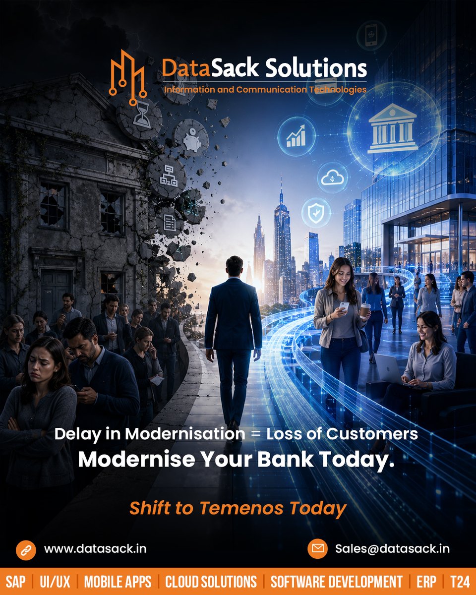 datasack's tweet photo. 🏦 The Future of Banking Can't Wait. Can You?

Every day you delay modernization, you risk losing customers to faster, smarter, and more digital-first competitors.

📞 Ready to modernize your banking ecosystem? Let's connect.
🌐 https://t.co/C5GK05SKrM
📧 sales@datasack.in https://t.co/ZHsTsVfbAE