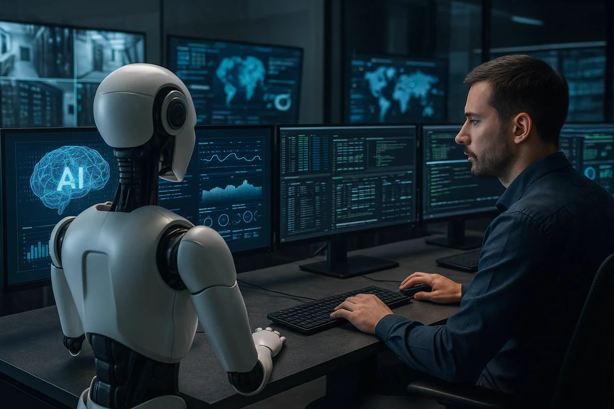 A man and a white humanoid robot sit at a control desk, facing multiple computer screens. The screens display data, code, and graphs; one prominently features a brain graphic with 'AI'. The man operates a keyboard & mouse, both engrossed in their work.
