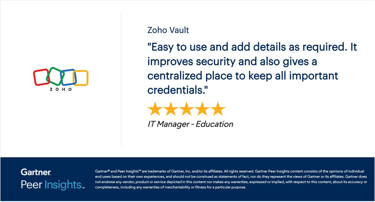 ZohoVault's tweet photo. Zoho Vault is easy to use, secure, and great for team collaboration - says an IT Manager in the education sector. Know more about why they love Zoho Vault and drop your own review in the link below! 😃 

👉 https://t.co/I02vV3z3Jx

#gartnerpeerinsights, #passkeys, #cybersecurity, #passwordmanager