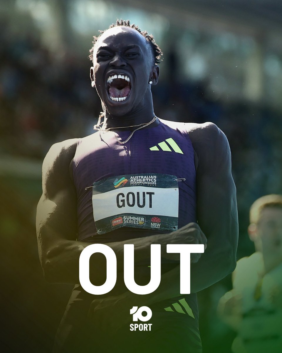 10SportAU's tweet photo. Gout OUT ❌🤕

Aussie sprint sensation Gout Gout will not compete at the World U20 Championships next month after sustaining a hamstring injury in training.

Gout is aiming for a return in 2027 and hopes to come back "stronger and faster".

For more sport news, click here: https://t.co/Yj9VHVXtsj