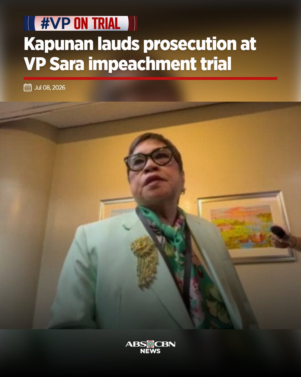 ABSCBNNews's tweet photo. Napabilib si Atty. Lorna Kapunan sa ipinamalas na performance ng prosecution team sa ikatlong araw ng impeachment trial ni VP Sara Duterte. #VPOnTrial 

Basahin: https://t.co/mHg61cllY1 https://t.co/zVCZG36JRN