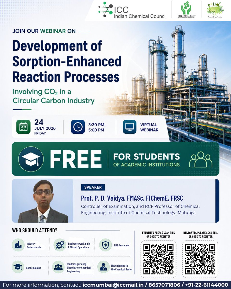 icc_india's tweet photo. Join us for an insightful webinar on Development of Sorption-Enhanced Reaction Processes Involving CO₂ in a Circular Carbon Industry

📅 24 July 2026 | 🕒 3:30–5:00 PM | 💻 Virtual

FREE for students
Register Now!

For details: iccmumbai@iccmail.in / 8657071806 / +91-22-61144000 https://t.co/FidVKr5dP6