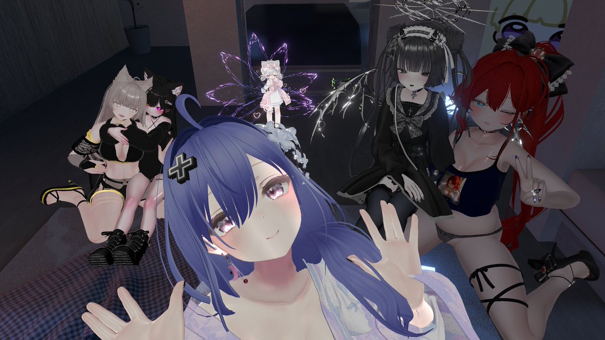 MioShina's tweet photo. #おはようVtuber 
#VRChat 
昨夜はログインしたら、めぐちゃんにVR睡眠を誘われて
青夢- Rainy Blue -
ByYuni（ゆに）
へやってきました✨

寝ているめぐちゃんの部屋の隣で、大勢押しかける感じになっちゃった～
防音室になってたと思うんだけど大丈夫だったかな❓
次へ https://t.co/DO2byCVlwz