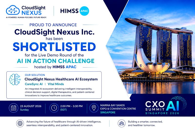 CloudSightTech's tweet photo. 🚀 Exciting to see CloudSight Nexus shortlisted for the HIMSS APAC AI in Action Challenge Live Demo Round at #CXOAISummitSingapore2026! 
Congratulations to the entire team and best wishes for the live demo! 👏
#AI #HealthcareAI #DigitalHealth #HIMSSAPAC #CareSyncAI #VitalMinds https://t.co/PuF1SYXLxq