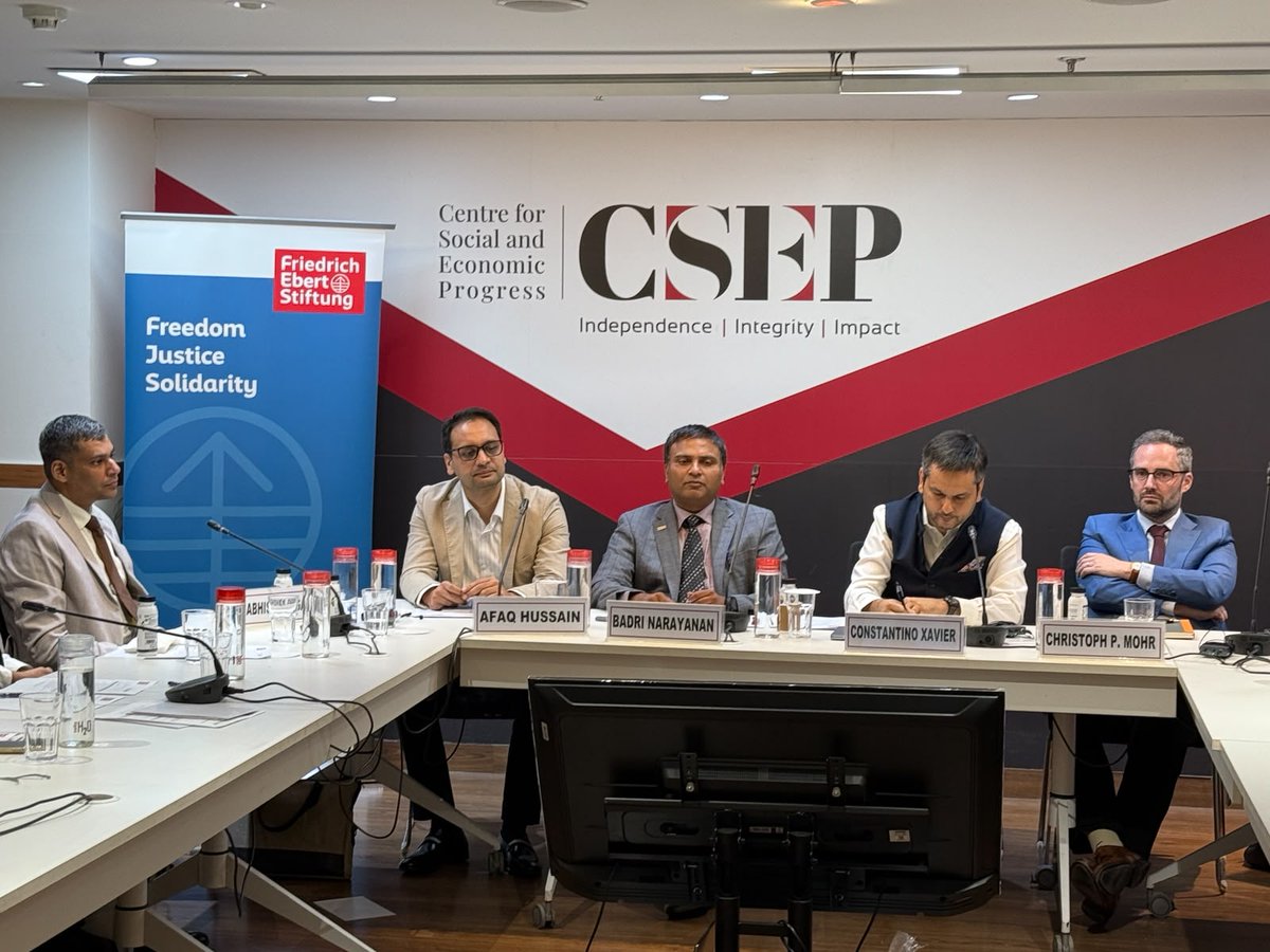 CSEP_Org's tweet photo. What does a resilient & future-ready India–Europe connectivity partnership look like? This question was at the heart of the closed-door workshop, "India & Europe: Bridging Continents through IMEC," hosted by CSEP in partnership with @FESonline. Bringing together leading scholars, policymakers & practitioners from India & Europe, the workshop fostered rich discussions on the strategic, economic, digital, legal & geopolitical dimensions of the India–Middle East–Europe Economic Corridor (IMEC). The conversations highlighted both the immense opportunities & the practical challenges involved in translating the corridor from vision to implementation. As a precursor to CSEP's forthcoming IMEC Policy Compendium, the workshop provided an invaluable forum for constructive feedback, critical debate & cross-sectoral exchange that will help strengthen the final publication. A sincere thank you to all presenters and participants, H.E Antonio Enrico Bartoli for sharing their expertise & engaging so thoughtfully throughout the discussions. Especially grateful to @mohr_christoph, partners at Friedrich-Ebert-Stiftung (FES) for their collaboration. CSEP also extends appreciation to Gidon Bromberg, @kristinakausch, Amitendu Palit, @badrinarayanang, @afaq1612, Meghna Bal & Nithya K. for their insightful contributions. CSEP looks forward to carrying these discussions forward through the IMEC Policy Compendium. #IMEC #indiaalliance #TradeTalks @ConstantinoX