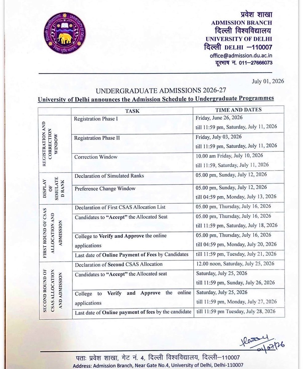 OfficialSACEve's tweet photo. University of Delhi Admission Schedule for UG CSAS: https://t.co/wtWW3SSIz8