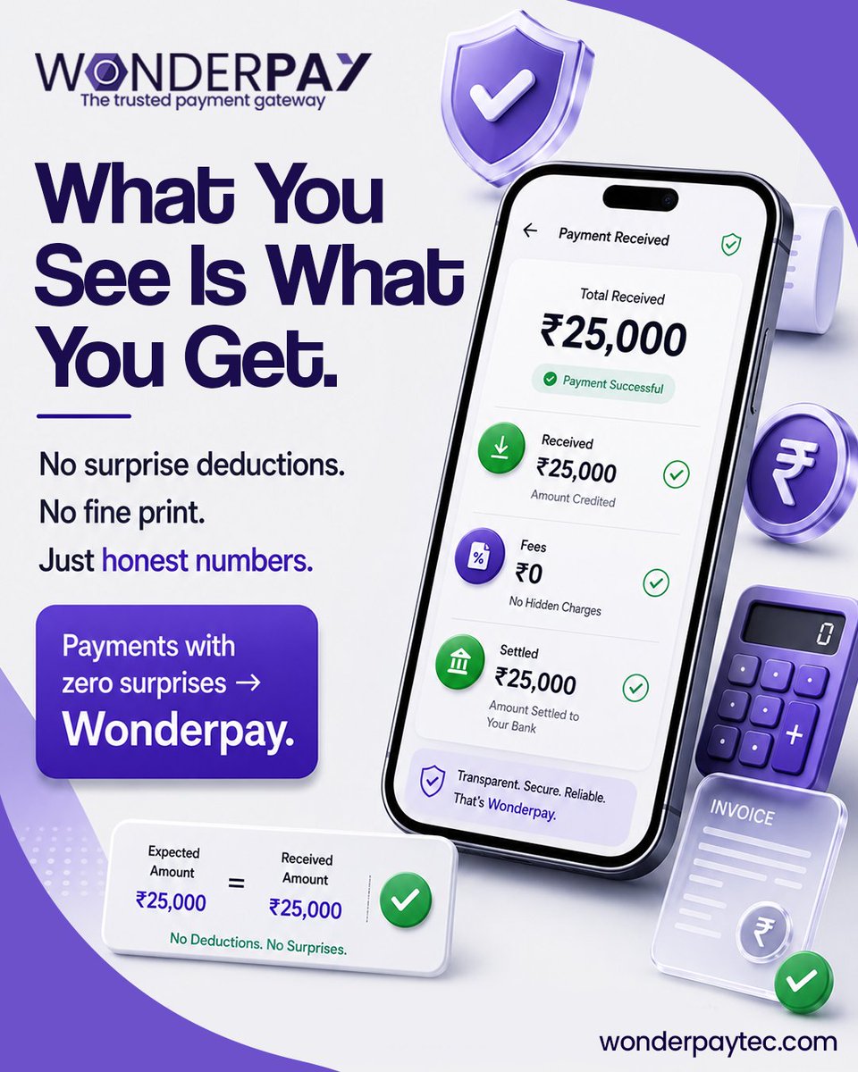wonderpaytec's tweet photo. Sent ₹25,000. Received ₹25,000.

No "processing fee" surprise. No "hidden charge" plot twist. No fine print hiding in the corner.

Just math that actually adds up.

That's Wonderpay. → Contact us today!

#FintechIndia #PaymentGateway #DigitalPayments #StartupIndia https://t.co/JhoKBfxHF7